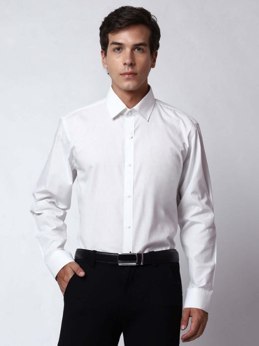 Men White Cotton Button Down Solid Shirt