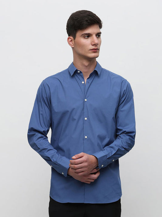 Men Blue Cotton Button Down Solid Shirt