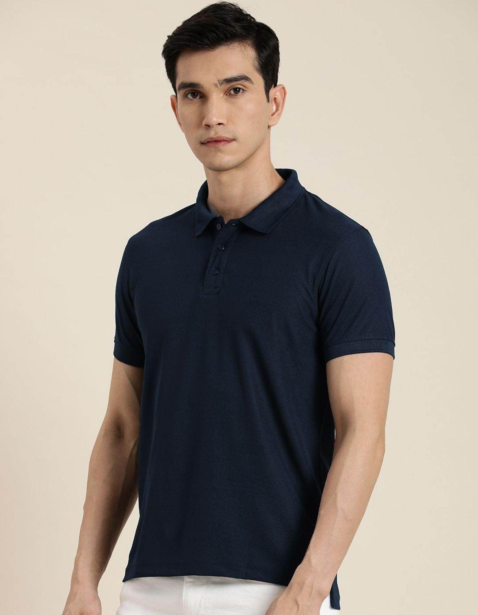 Men's Navy Blue Matty Cotton Polo - URBANICE