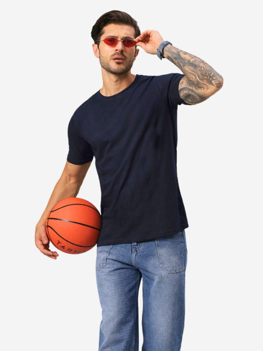 Men's Navy Blue Solid Regular Fit Cotton T-shirt