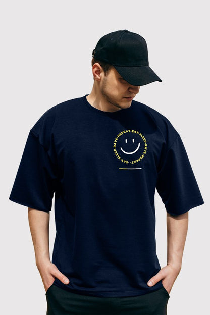 MEN'S URBANICE NAVYBLUE POSITIVE EMOJI OVERSIZE TSHIRT FRONT DESIGN TSHIRT