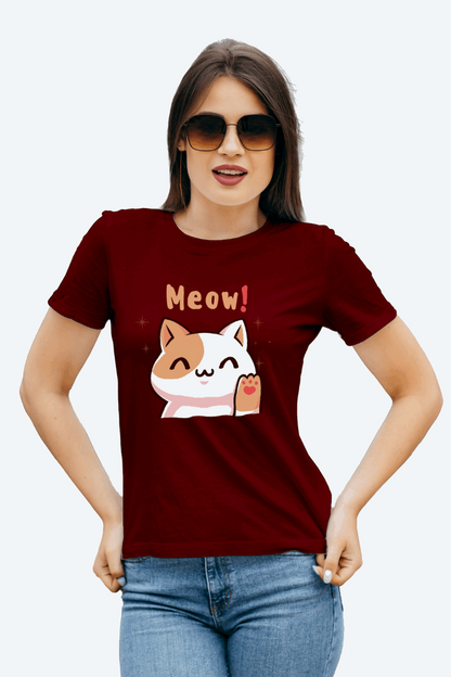 Women Regular Meow Cat Graphic Printed Tshirt