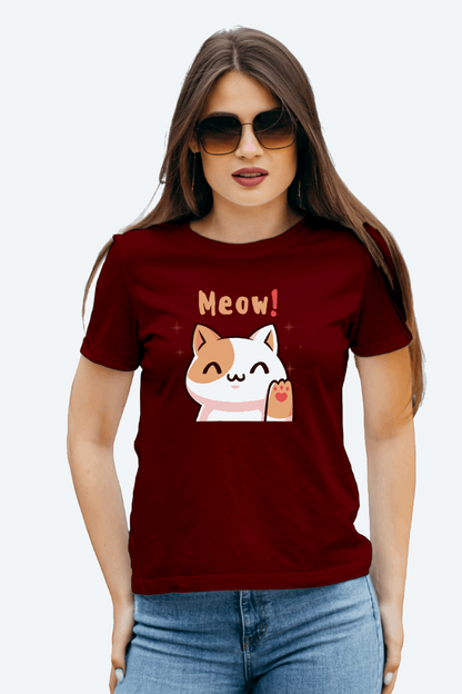 Women Regular Meow Cat Graphic Printed Tshirt