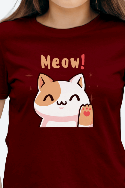 Women Regular Meow Cat Graphic Printed Tshirt