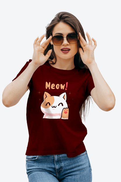 Women Regular Meow Cat Graphic Printed Tshirt