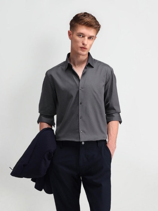 Men Grey Cotton Button Down Solid Shirt