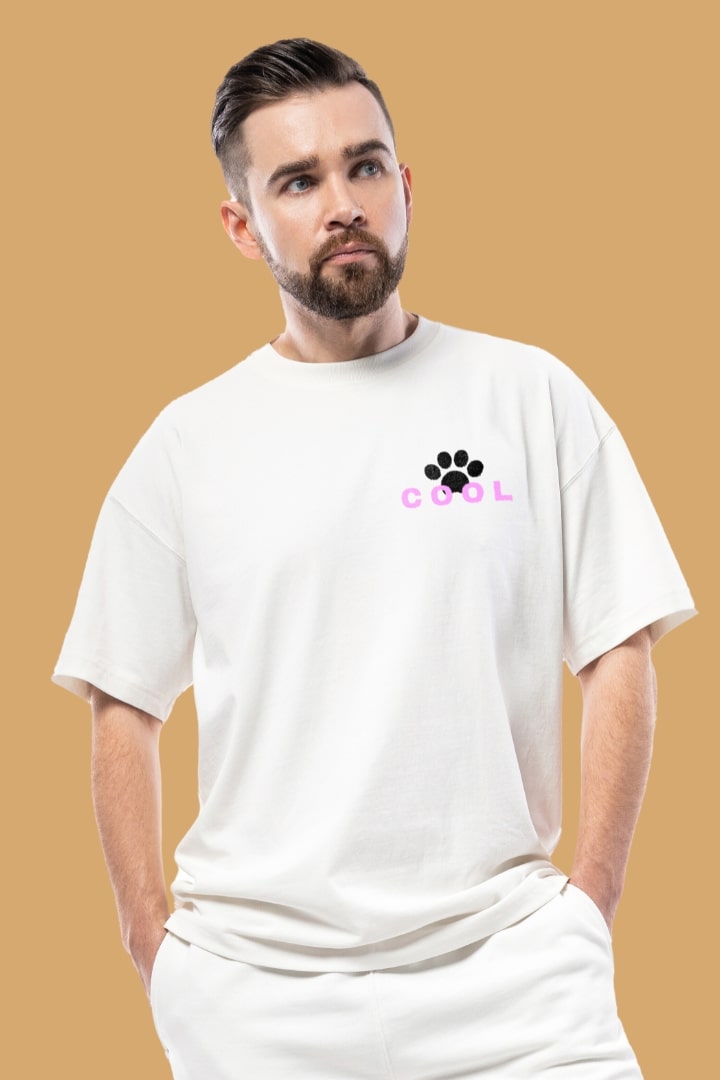 Men's Be Cool Dog White Front Graphic Printed Oversize T-shirt