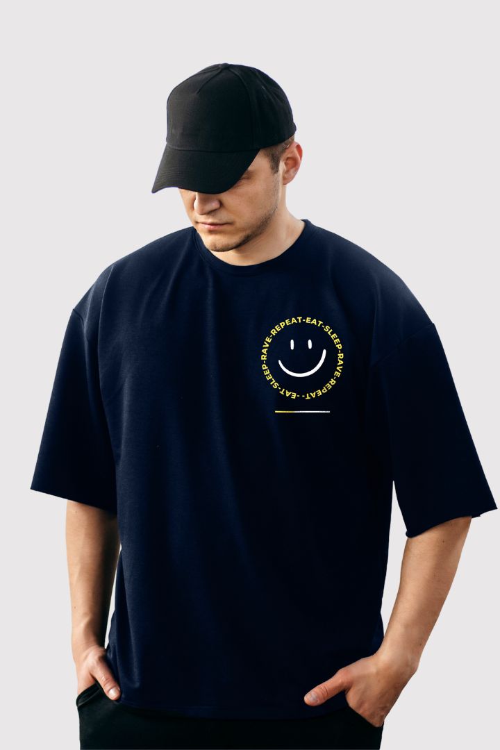 MEN'S URBANICE NAVYBLUE POSITIVE EMOJI OVERSIZE TSHIRT FRONT DESIGN 