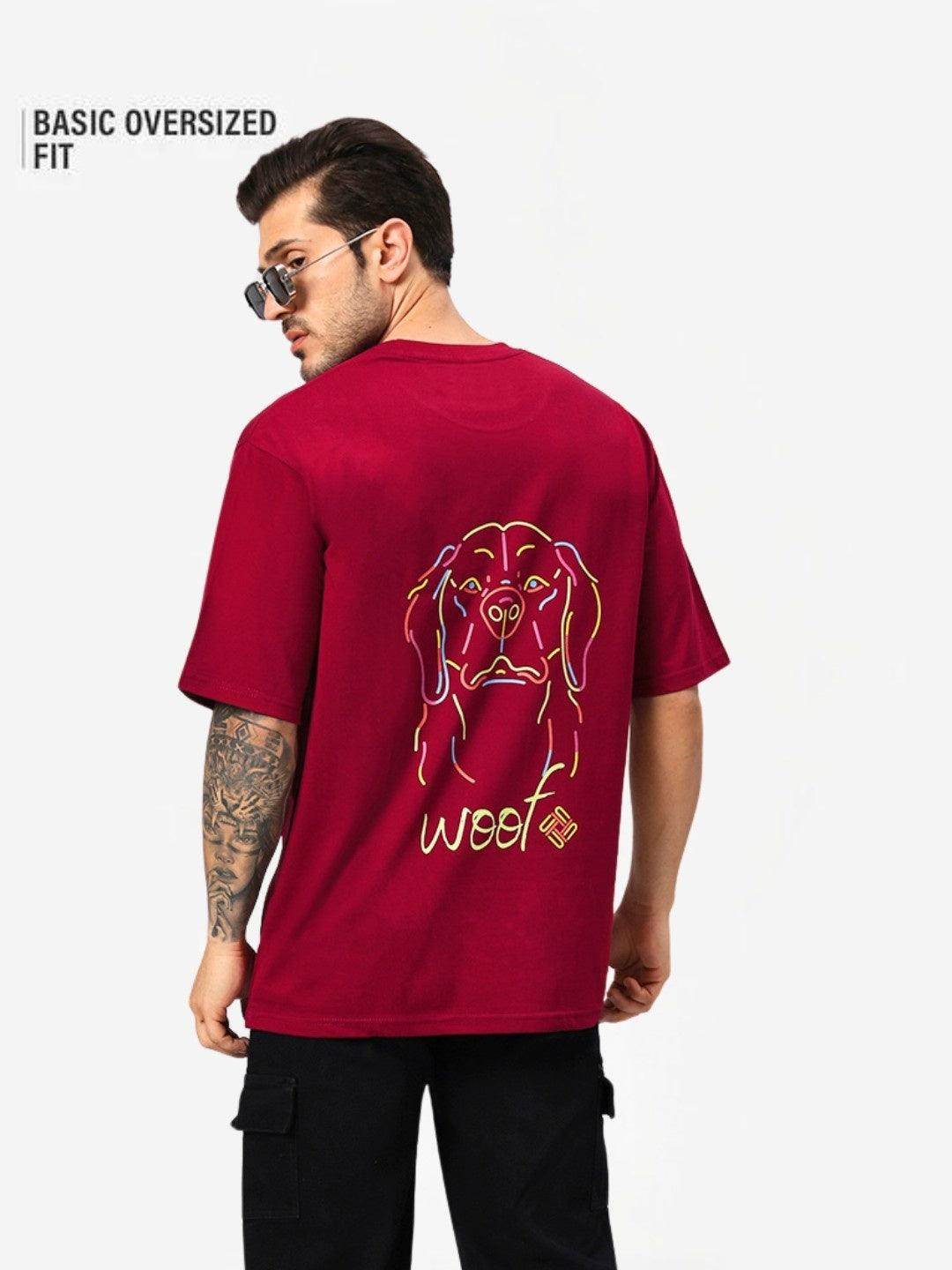 Men's Maroon Woof Dog Graphic Printed Oversized T-Shirt - URBANICE