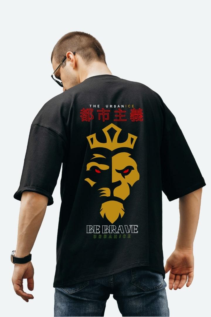 Men's Be Brave Lion Black Back Graphic Printed Oversize Tshirt