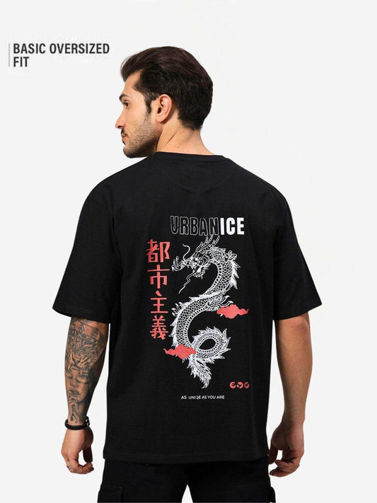 Men's Black UrbanIce Dragon Graphic Oversized T-Shirt - URBANICE