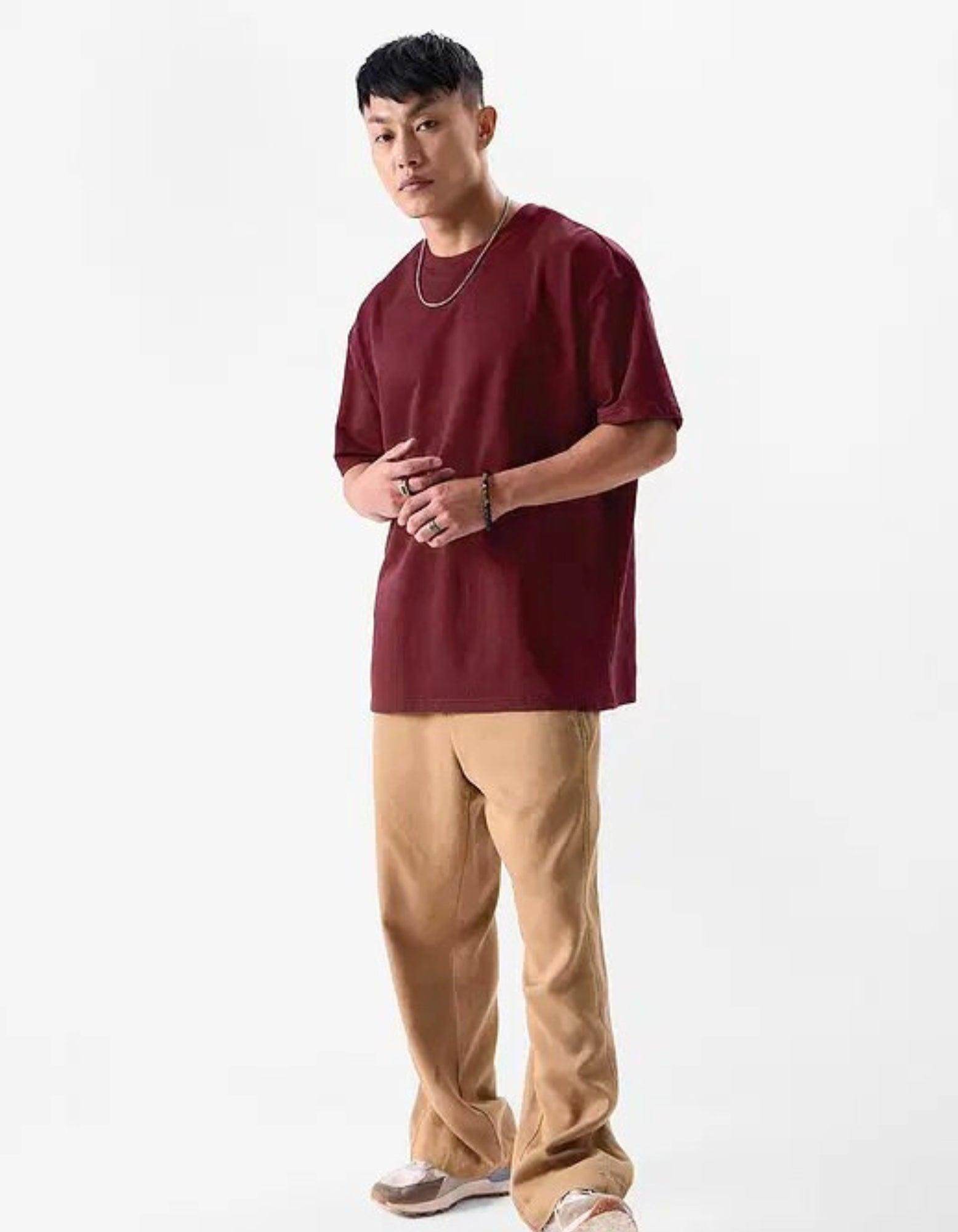 Men's Solid Maroon Oversized T-Shirt - URBANICE