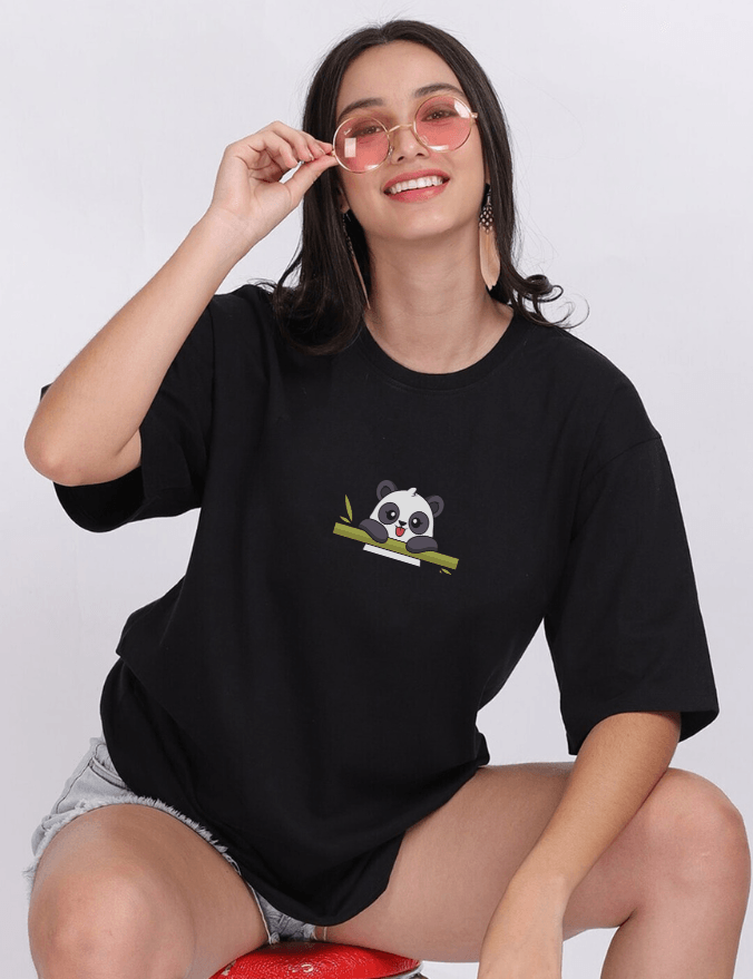 Women Eating Panda Graphic Printed Black Oversize T-shirt - URBANICE