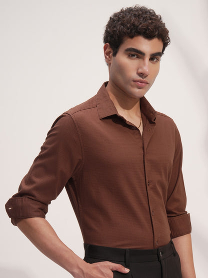 Men Brown Cotton Button Down Solid Shirt