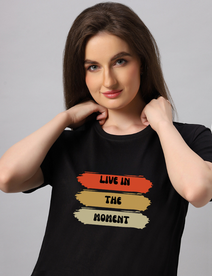 Women Regular Black Live In Movement Graphic Printed T shirt - URBANICE