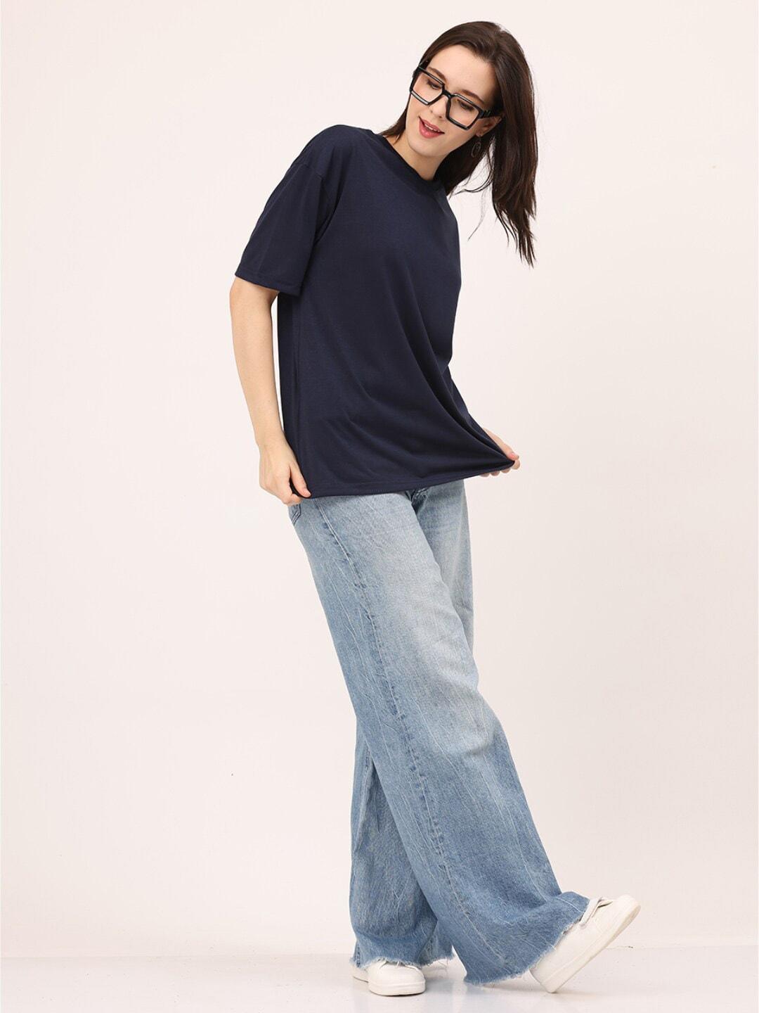 Basic Navy Blue Oversize Women T-shirt-URBANICE