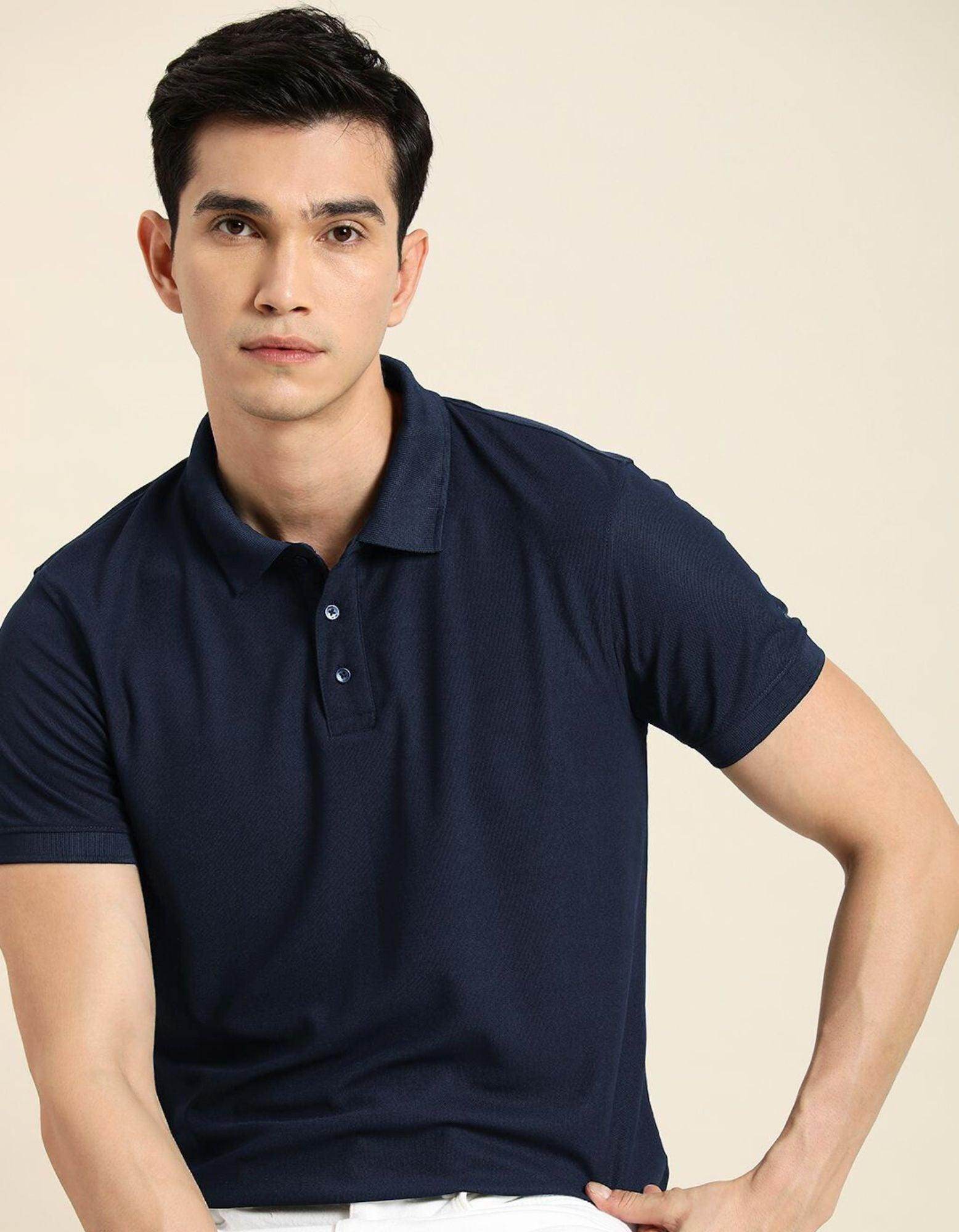 Men's Navy Blue Matty Cotton Polo - URBANICE