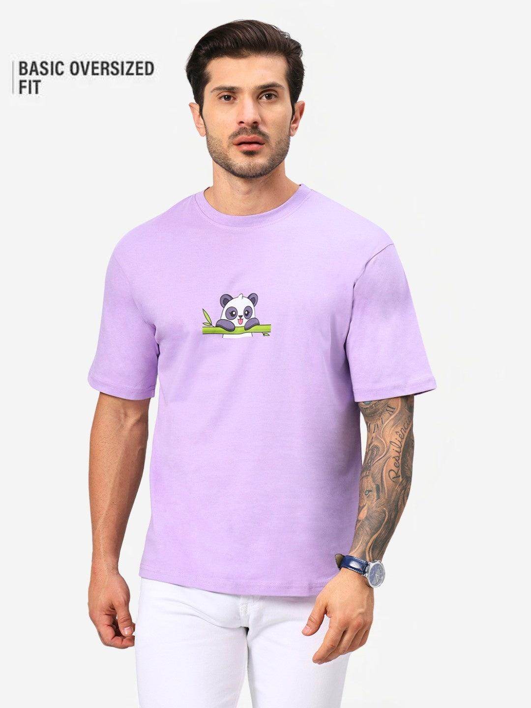 Men's Fluffy Panda Graphic Printed Lavender Oversized T-Shirt - URBANICE