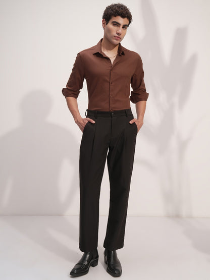 Men Brown Cotton Button Down Solid Shirt