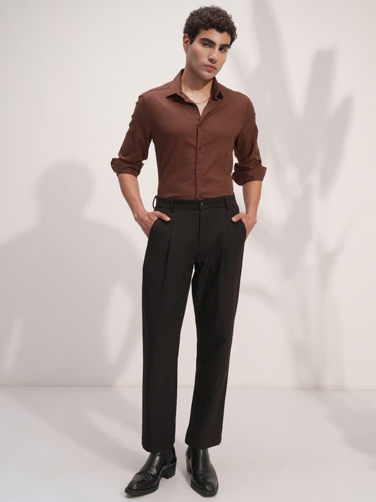 Men Brown Cotton Button Down Solid Shirt