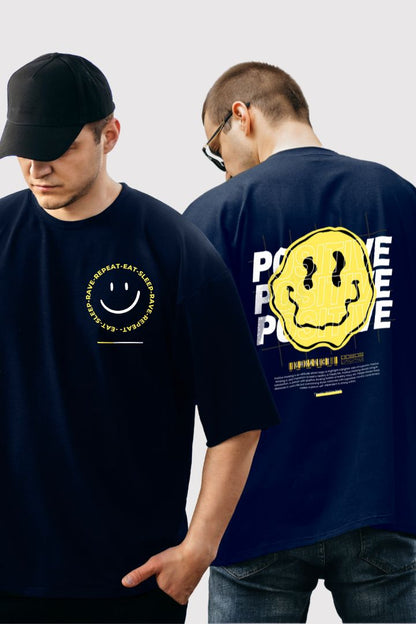 MEN'S URBANICE NAVYBLUE POSITIVE EMOJI OVERSIZE TSHIRT FRONT AND BACK DESIGN TSHIRT