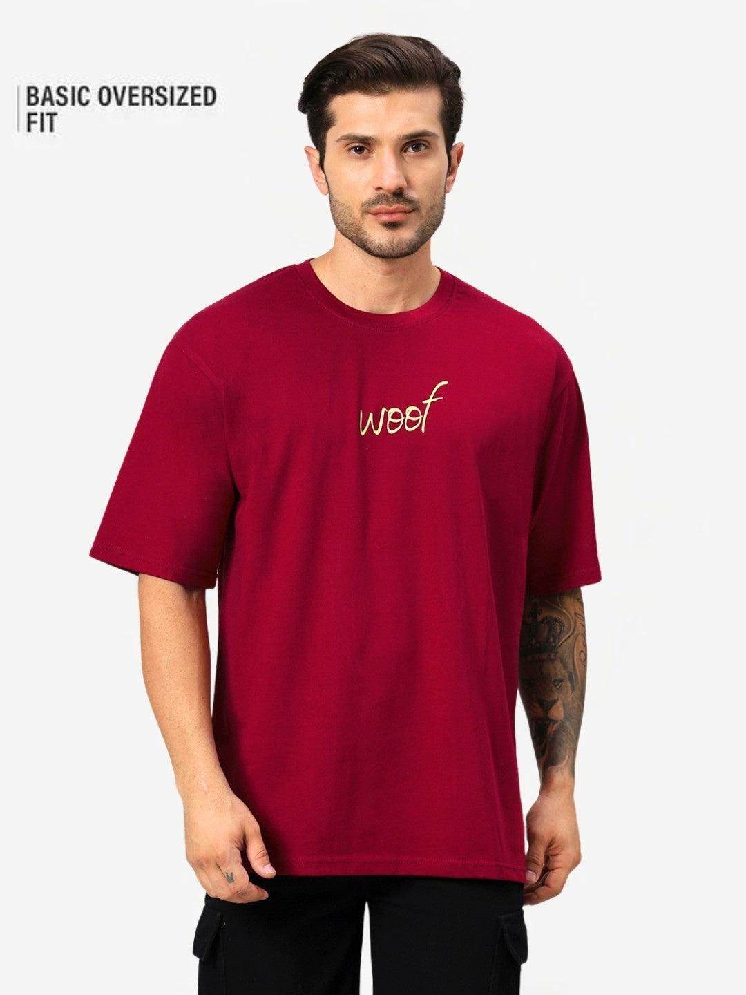 Men's Maroon Woof Dog Graphic Printed Oversized T-Shirt - URBANICE