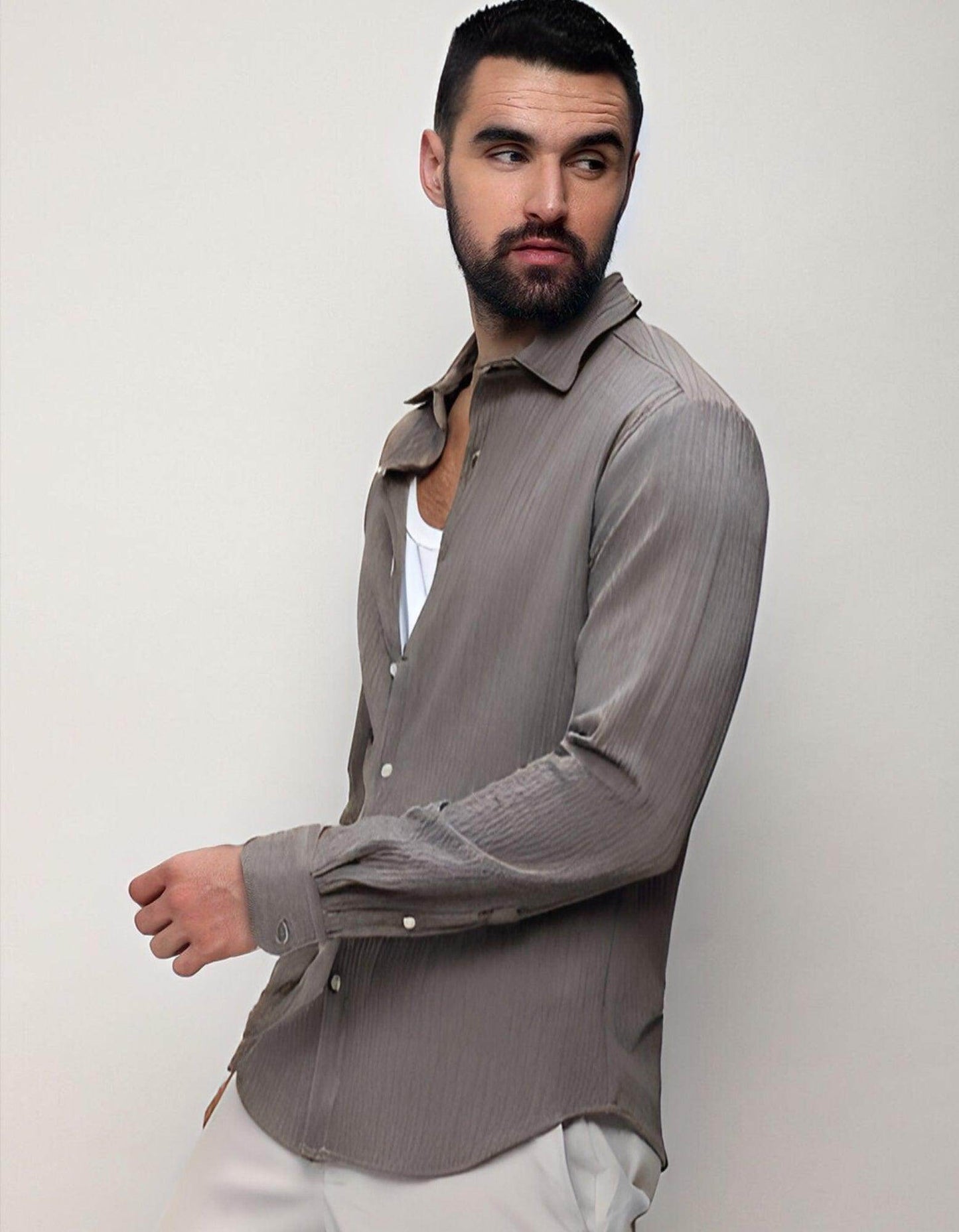 Men's Gray Texture Slim Fit Shirt - URBANICE