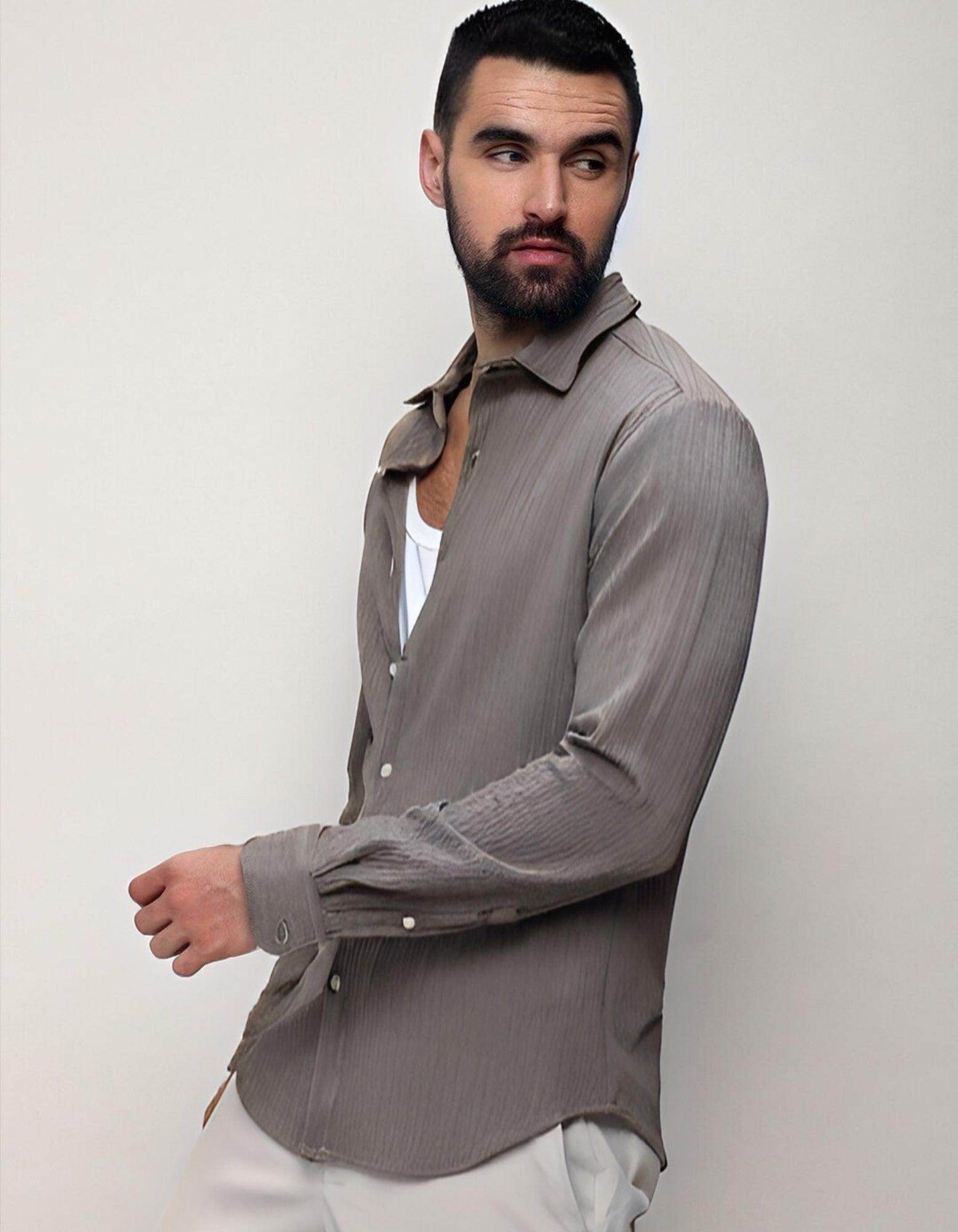 Men's Gray Texture Slim Fit Shirt - URBANICE