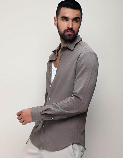 Men's Gray Texture Slim Fit Shirt - URBANICE