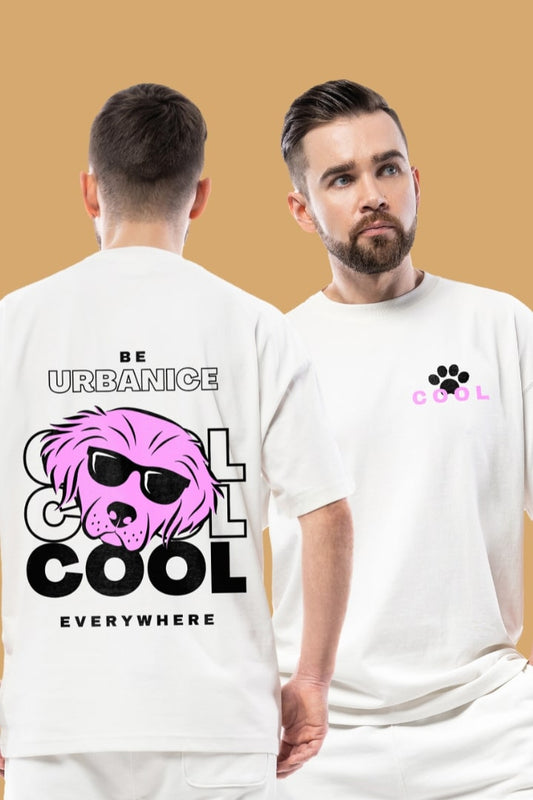 Urbanice Men's Be Cool Dog White Front and Back Graphic Printed Oversize T-shirt