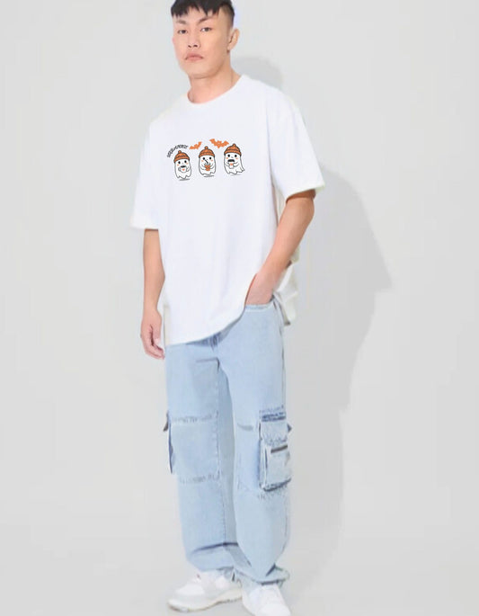 Men’s White Oversized T-shirt with Cute Ghost Print
