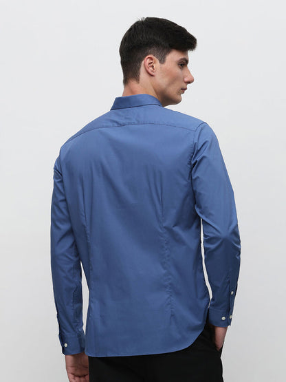 Men Blue Cotton Button Down Solid Shirt