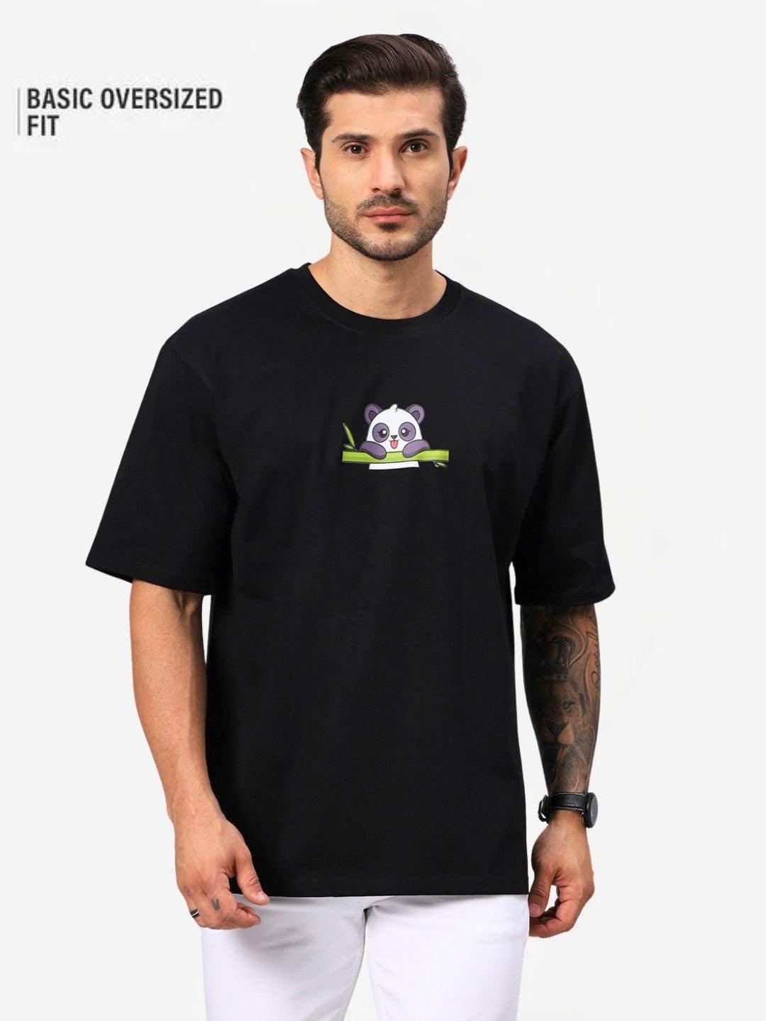 Men's Black Panda Graphic Printed Oversized T-Shirt - URBANICE
