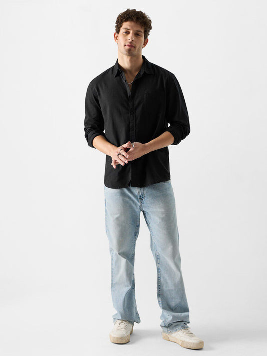 Men Black Cotton Button Down Solid Shirt