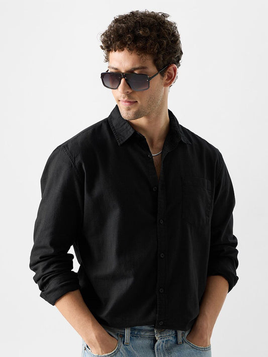 Men Black Cotton Button Down Solid Shirt