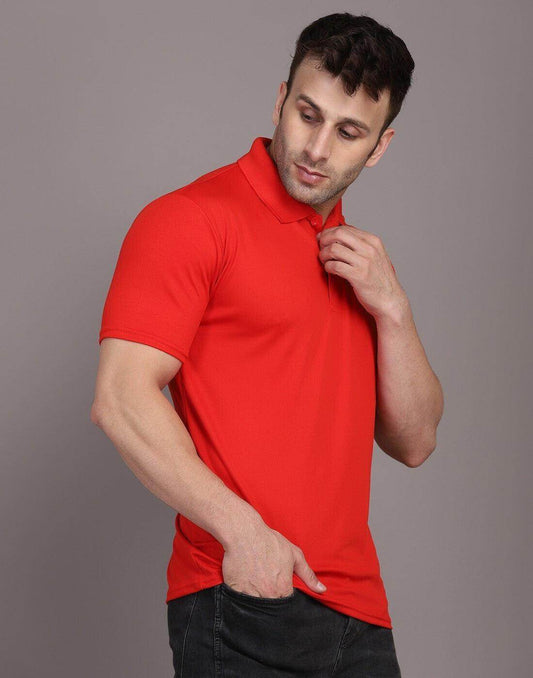 Men Solid Polo Neck Polyster Blend Red T-Shirt - URBANICE