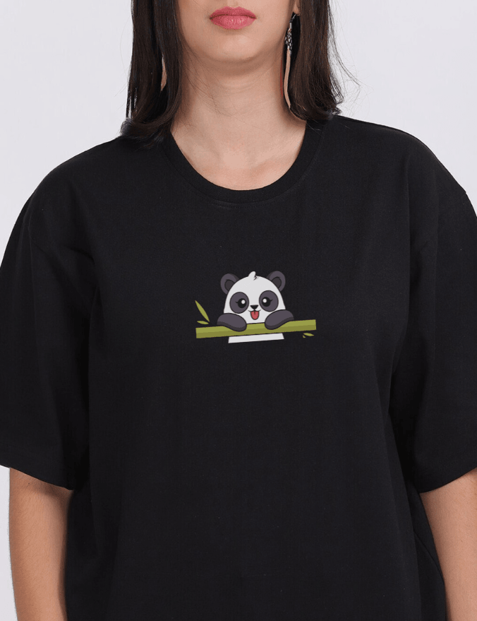 Women Eating Panda Graphic Printed Black Oversize T-shirt - URBANICE