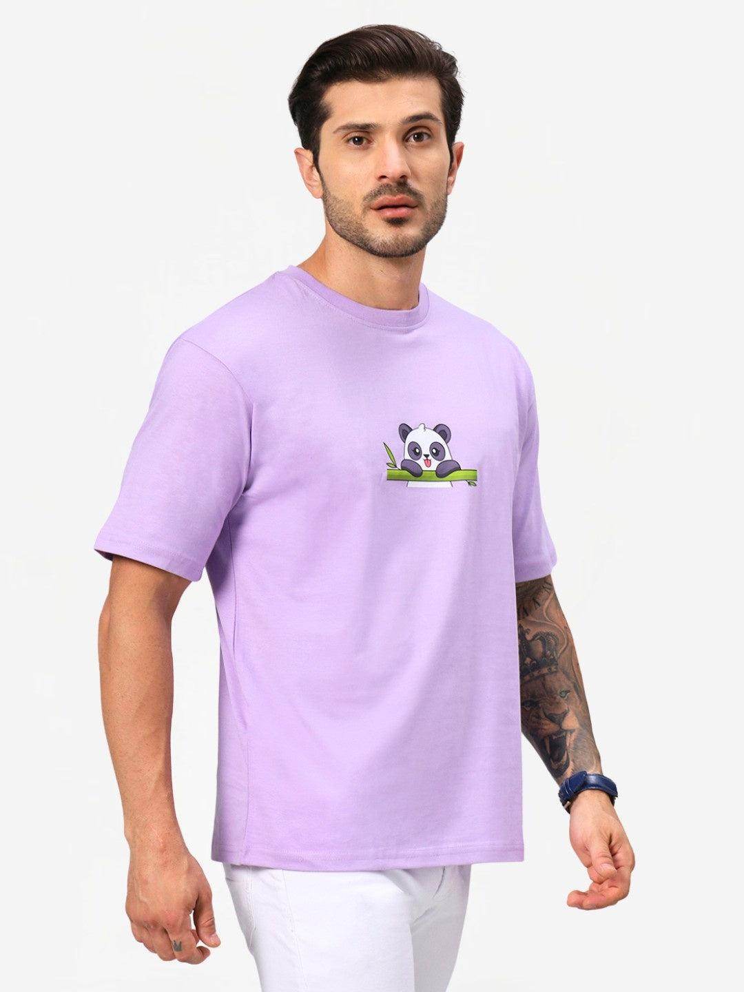 Men's Fluffy Panda Graphic Printed Lavender Oversized T-Shirt - URBANICE