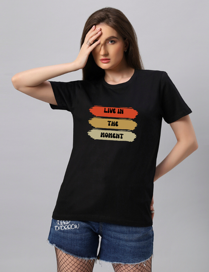 Women Regular Black Live In Movement Graphic Printed T shirt - URBANICE