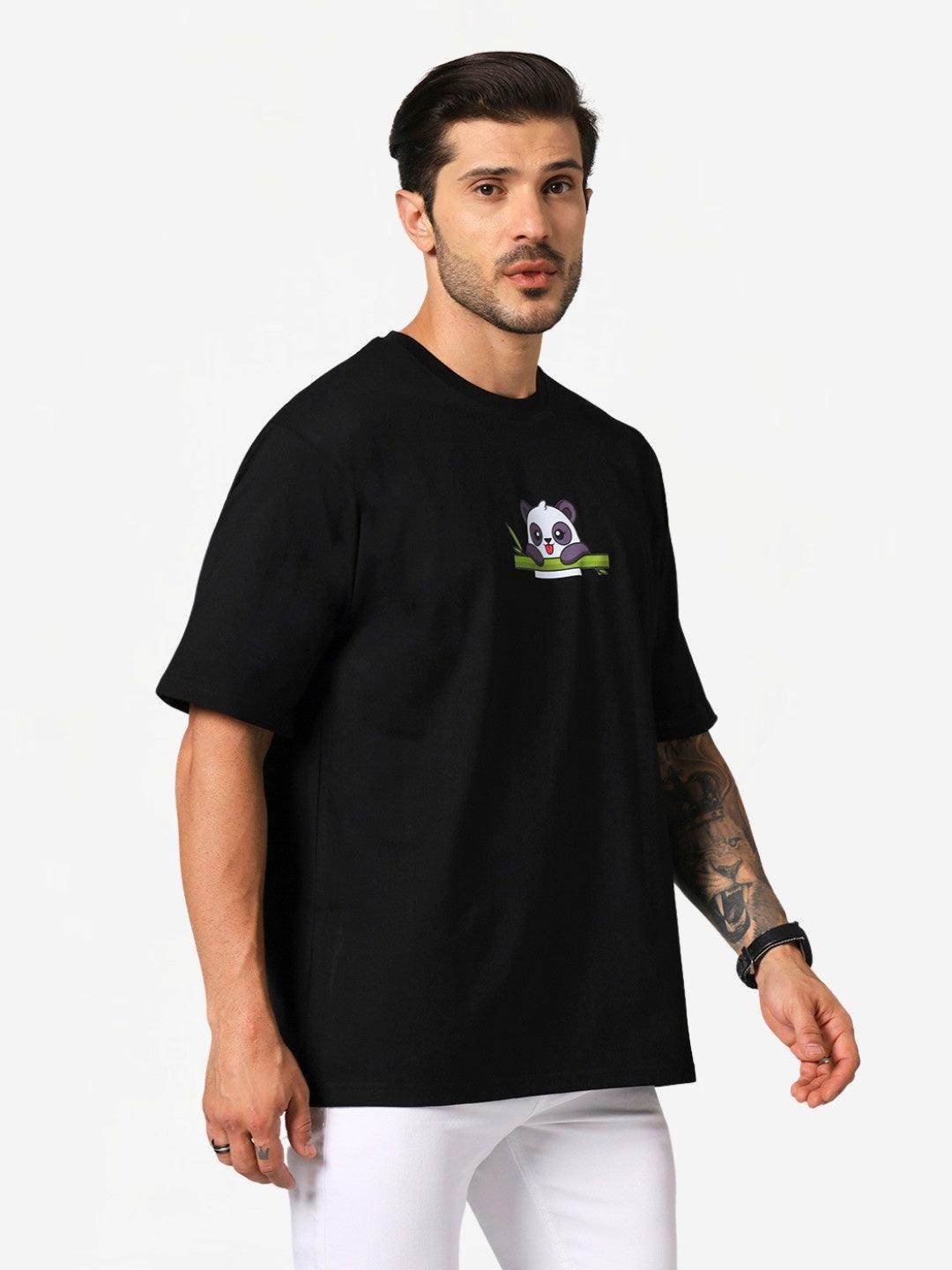 Men's Black Panda Graphic Printed Oversized T-Shirt - URBANICE