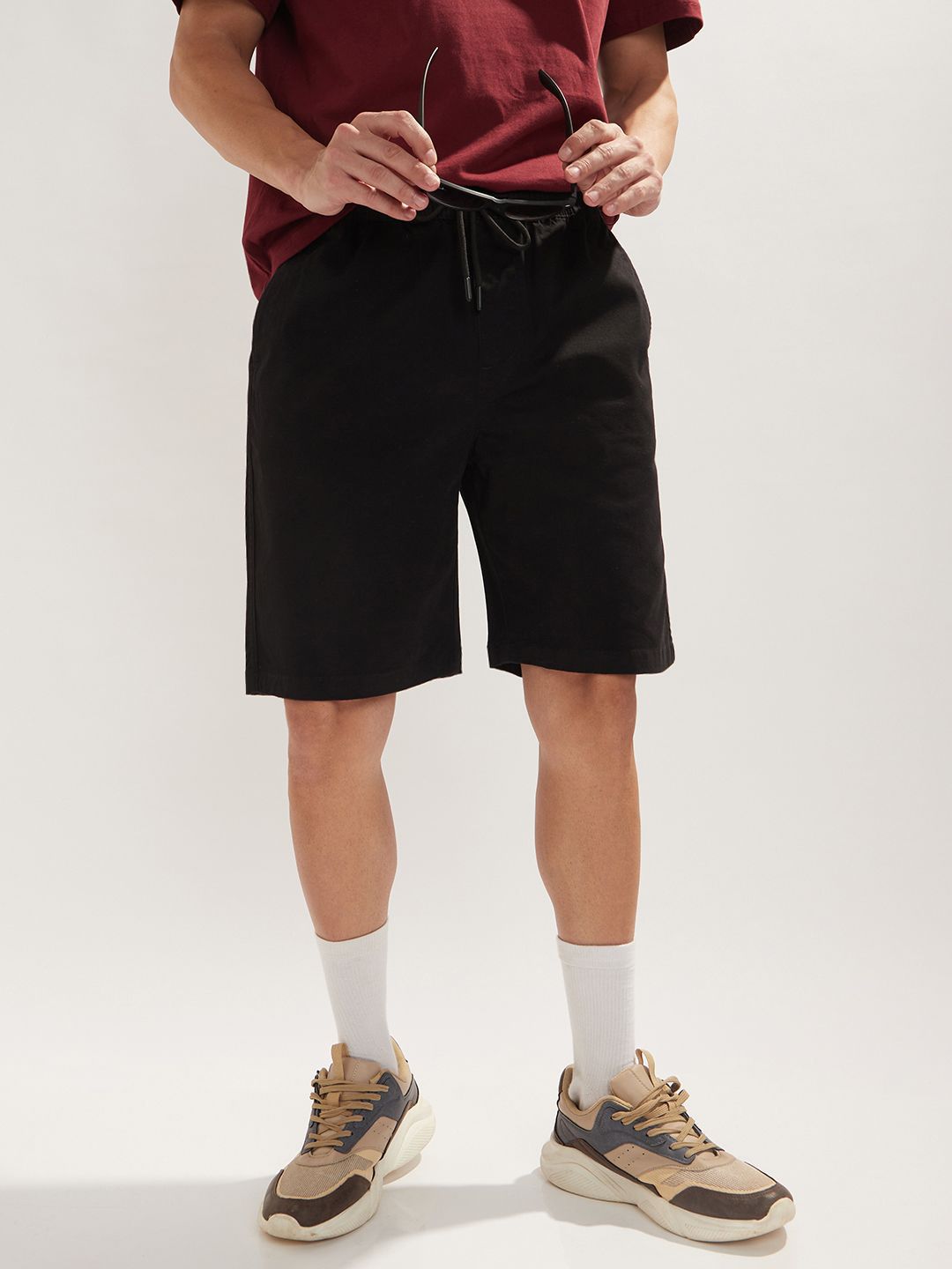 Men's Solid Black Cotton Casual Shorts
