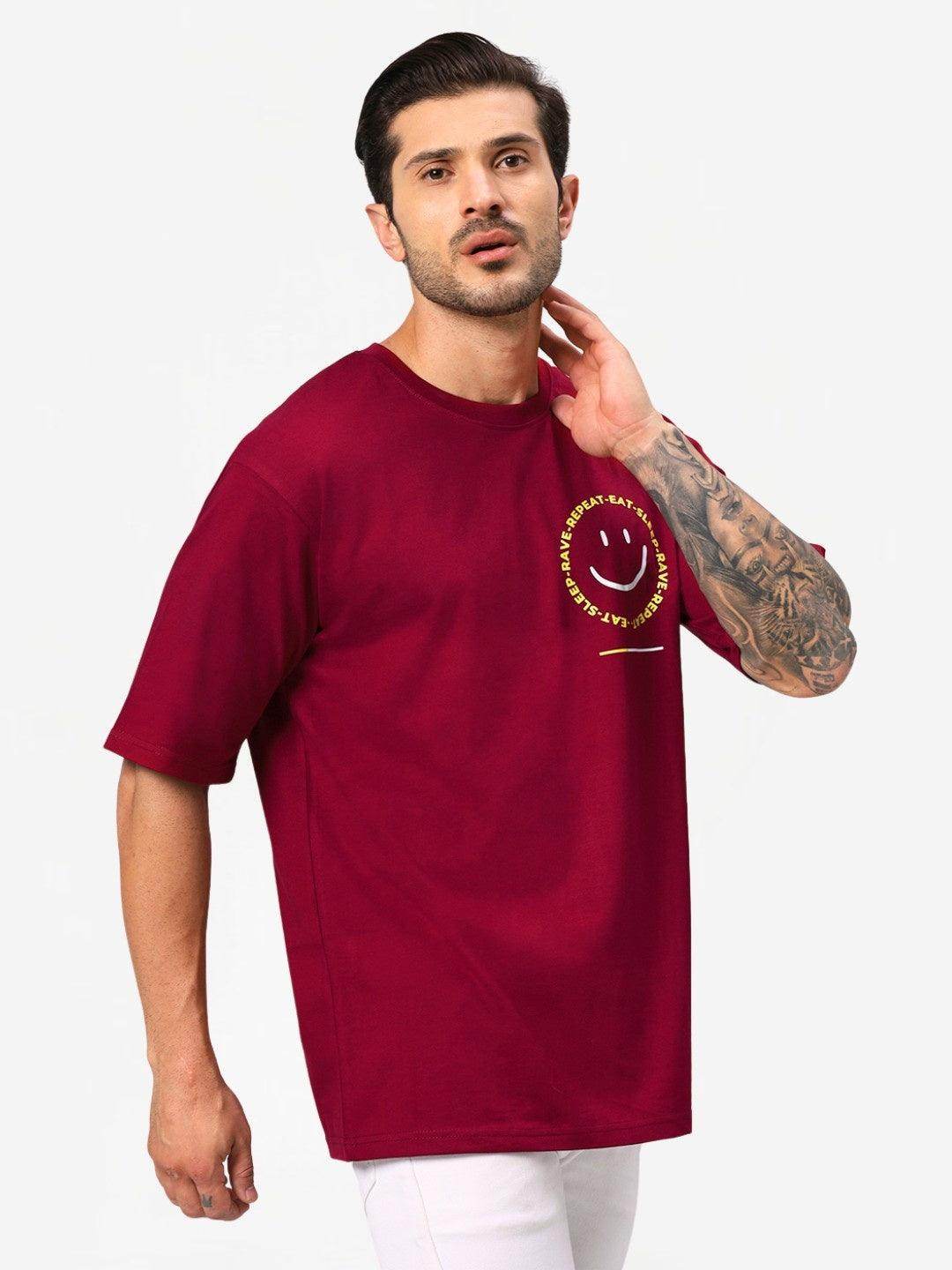 Men's Maroon Positive Graphic Printed Oversize T-Shirt - URBANICE