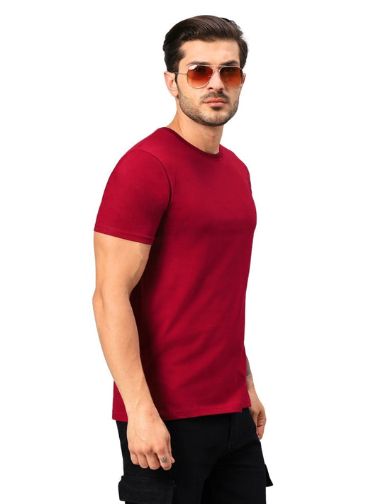 Men's Maroon Solid Regular Fit Cotton T-shirt