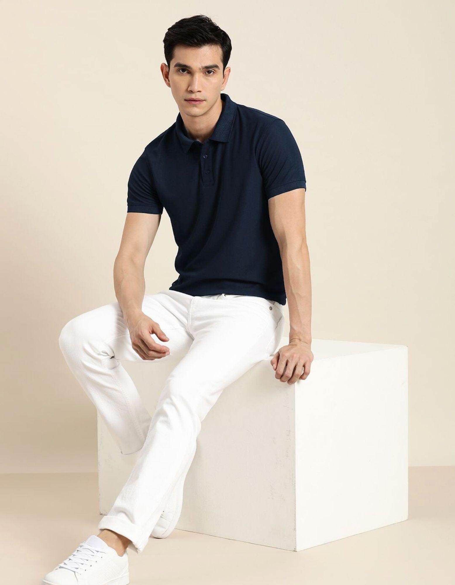 Men's Navy Blue Matty Cotton Polo - URBANICE