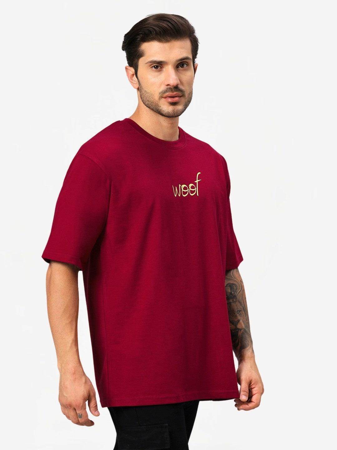 Men's Maroon Woof Dog Graphic Printed Oversized T-Shirt - URBANICE