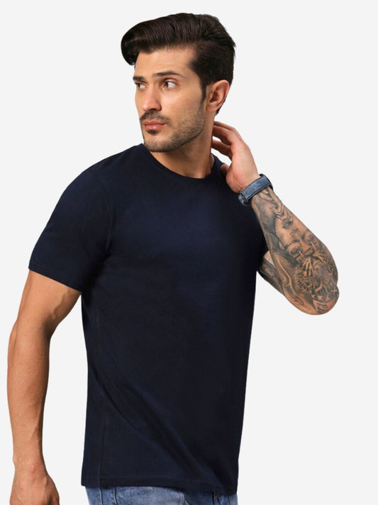 Men's Navy Blue Solid Regular Fit Cotton T-shirt