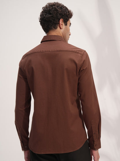 Men Brown Cotton Button Down Solid Shirt