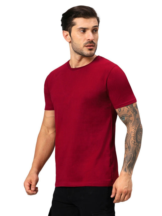 Men's Maroon Solid Regular Fit Cotton T-shirt