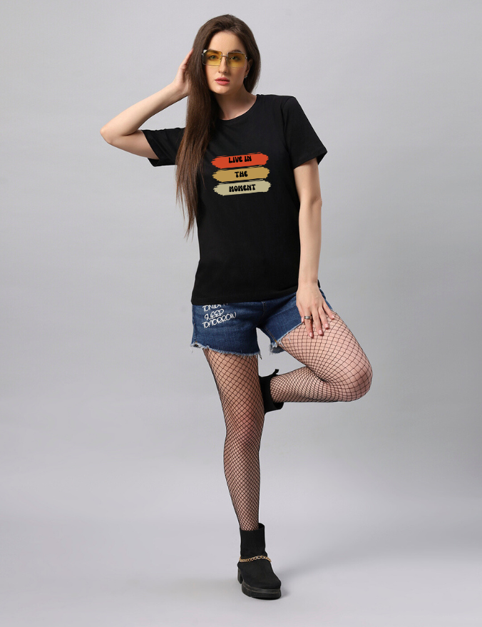 Women Regular Black Live In Movement Graphic Printed T shirt - URBANICE