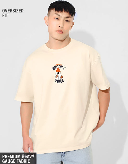 Men’s Beige Oversized T-shirt with Spooky Vibes Ghost Print